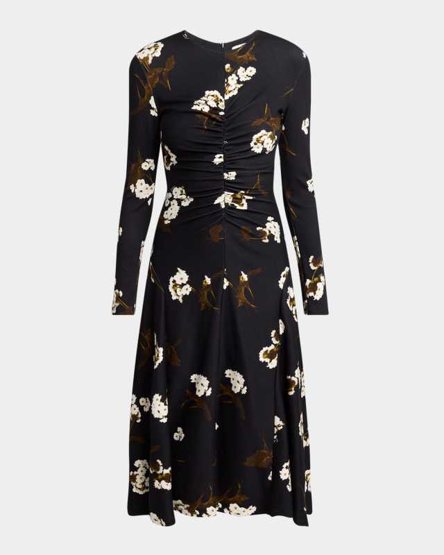 Floral Gathered Long Sleeve Midi Dress